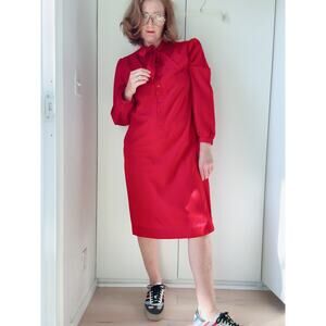 Vintage 80s Womens Shirt Dress Chili Red Size Large Secretary Twee Prep Knee